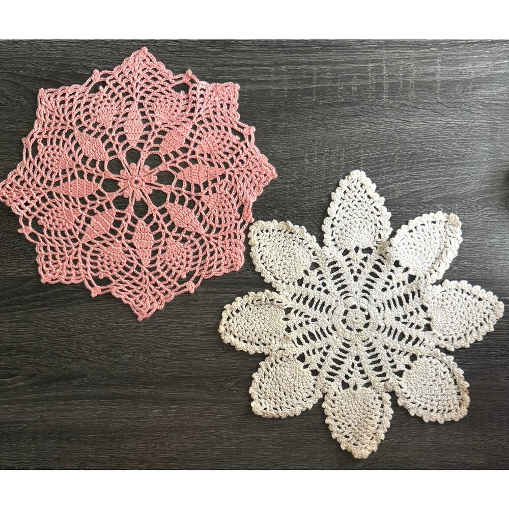 Lot Of 2 Handmade Crotched Doilies Pink And Cream‎ White
